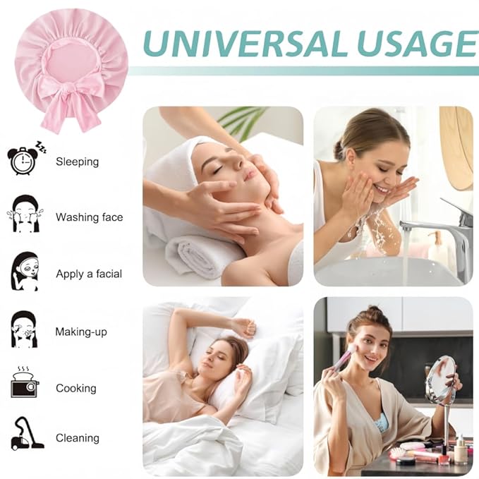 Silk Bonnet for Sleeping Women, Ajustable Hair Bonnet for Curly Hair with Tie Band Shower Caps Pink，Large