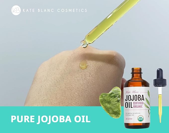 Kate Blanc Cosmetics Jojoba Oil for Hair, Skin & Face with Gua Sha Stone Kit. Gua Sha Oil for Face Massage (4oz, Organic, 100% Pure, Natural)