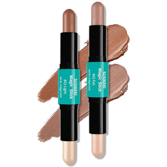 Contour Stick, 2Pcs Dual-Ended Highlighter Makeup Pen & Contouring Stick for Face Shaping, Long Lasting Waterproof Cream Bronzer & Highlight Sticks Make Up Kit for All Skin Tones (01# + 02#)