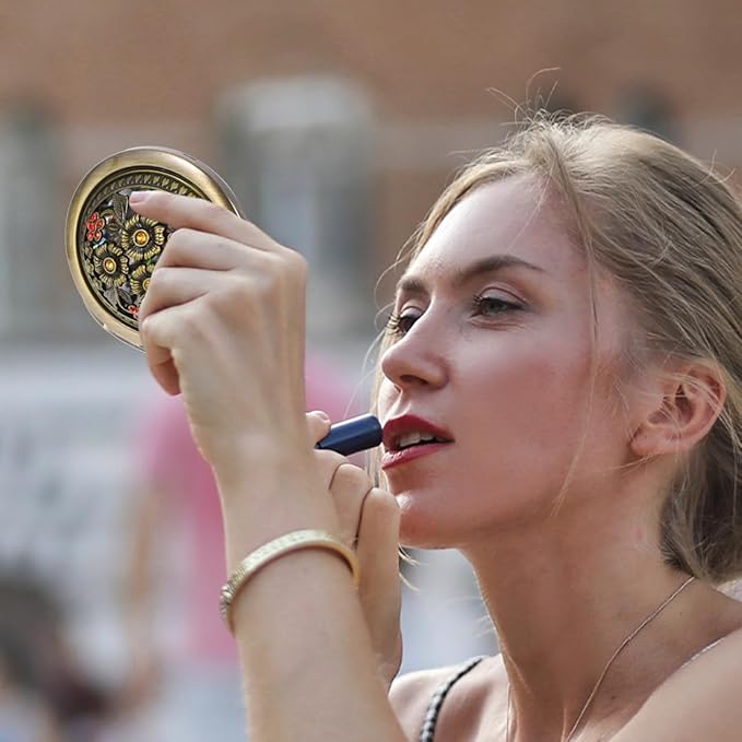 Baluue Retro Metal Compact Mirror, Zinc Alloy Foldable and Portable Travel Rhinestones Makeup Mirror Double Sided for Cosmetic, Bronze, Random Style