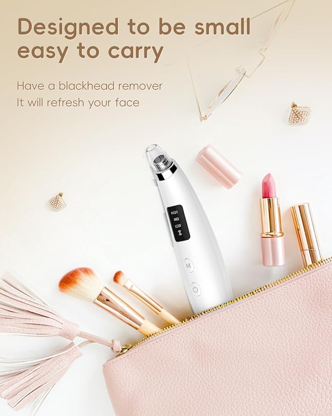 Facial Pore Blackhead Remover Vacuum - Fore Cleaner and Blackhead Extractor with 3 Adjustable Suction Levels - 5 Probes - Pore Vacuum Kit for Women&Men (White)