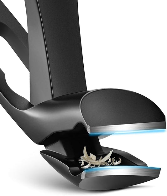 FVION 1Pcs Angled Head Nail Clippers for Seniors, Ergonomic Toenail Clipper for Thick Nails Trimming, Stainless Steel Nail Cutter Trimmer with Catcher for Men and Women (Black)