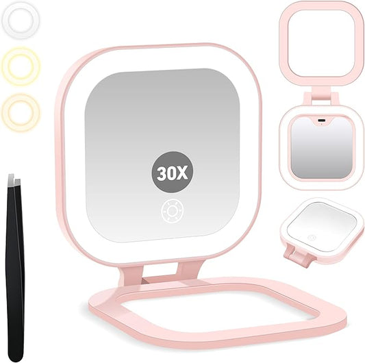 Travel Mirror with Light, 1x/30x Magnifying Mirror with 3 Color Lights and Adjustable Brightness, 4.5x3.9 inch Small Compact Hangable Hand Pocket 3 Way Mirrors, Comes with Tweezer