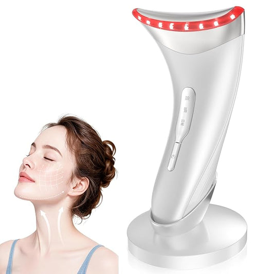 7 Color Light Face and Neck Massager Tool of Double Chin Reducer, Facial Massager with Adjustable Vibration and Thermals for Wrinkles Face Sculpting Tool with Base (White)