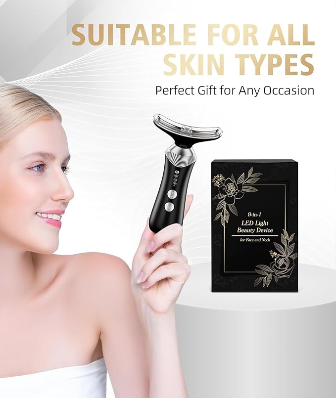 9-in-1 Red-Light-Therapy-for-Face-and-Neck, Portable Facial Massager Tool with Adjustable Vibration & Thermals for Wrinkles, Double Chin, Black