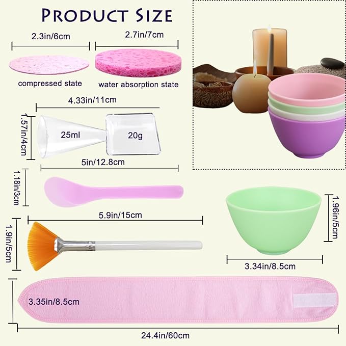 30 Pcs Esthetician Supplies for Facials Set,Facial Care DIY Tools 4 Silicone Facial Bowls 4 Facial Mask Fan Brushes 5 Facial Headbands, 8 Compressed Facial Sponges 8 Mask Applicators 1 Measuring Cups