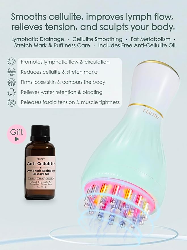 Lymphatic Drainage Massager & Massage Tool with Cellulite Oil, Body Sculpting Machine & Fascia Blaster for Cellulite with Microcurrent, Light, Heat & Vibration, for Legs, Arms & Belly