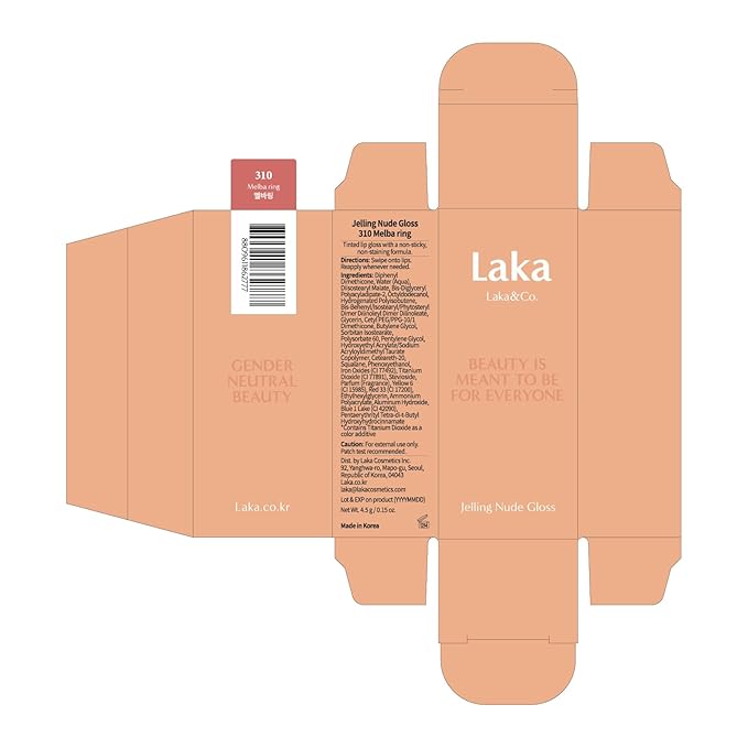 Laka Jelling Nude Gloss, 4.5g/0.15oz, Sheer Hydrating Lip Oil with No Stain, Non-Sticky, Nourishing Gloss for a Fresh, Glowy Look, Vegan, Clean Beauty Makeup, K-Beauty (#310 Melba Ring)