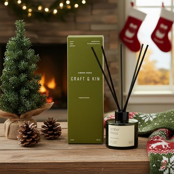 Craft & Kin Amber Moss Christmas Reed Diffuser | All Natural Essential Oil & Rattan Scent Sticks | Holiday Reed Diffusers for Home, Bathroom | Long Lasting Home Fragrance in Green Glass, 3.4oz