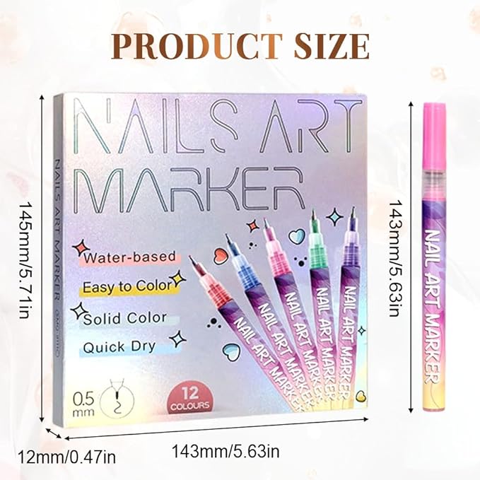 Drkicsy 12 Colors Nail Art Pens Set, DIY Nail Art Markers for Kids and Adults, 0.5mm Fine Tip Nail Polish Pens for Graffiti Dotting Drawing Painting Point Liner (1 Set)