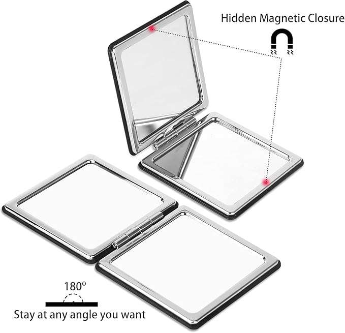 2pcs Compact Makeup Mirror for Pocket Purse Handbag, 1x/2x Magnifying Foldable Cosmetic Mirror, Portable Travel Vanity Mirror for Beauty, Black Classic Vanity Mirror for Men Women