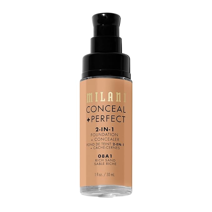 Milani Conceal + Perfect 2-in-1 Foundation + Concealer for a Flawless Complexion, Under Eye Corrector, Cover Redness and Imperfections, Waterproof and Sweatproof - Rich Sand