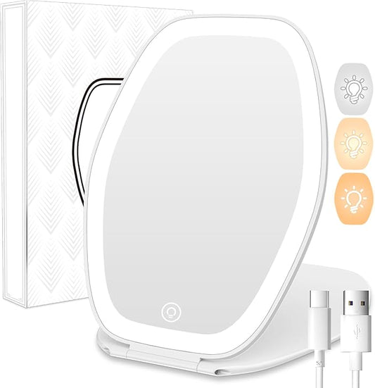 Travel Makeup Mirror with Light: 3 Color Lighting Portable Mirror with Touch Screen Rechargeable Adjustable LED Lights Hexagon Vanity Mirror for Travel, Desk, Home (White)