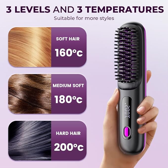 Go Brush Pro, 2026 Upgraded Cordless Hair Straightener Brush, Fast Heating Portable Hair Straightener Comb for Women Travel Essentials 3 Adjustable Temperature (Black)