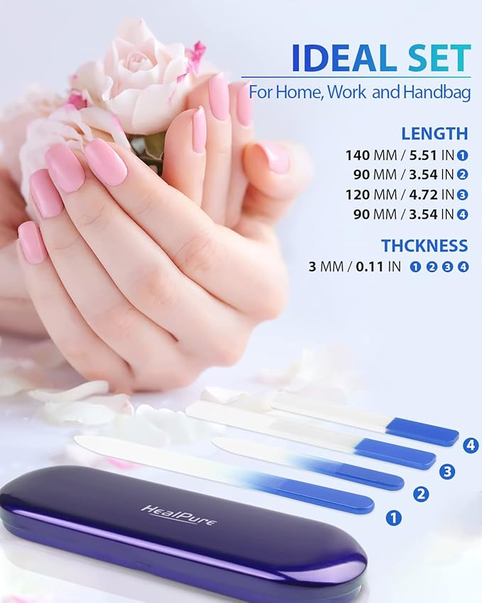 Glass Nail File and Nail Shiner, 4PC Crystal Nail File and Nano Glass Nail Buffer, Premium Set with Case, Professional Manicure Tool Fingernail Czech File for Natural Nail, Gift for Women and Girls