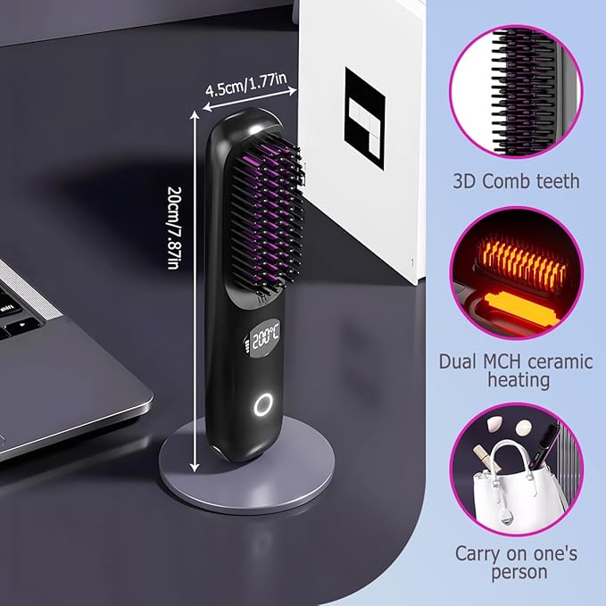 Go Brush Pro, 2026 Upgraded Cordless Hair Straightener Brush, Fast Heating Portable Hair Straightener Comb for Women Travel Essentials 3 Adjustable Temperature (Purple)