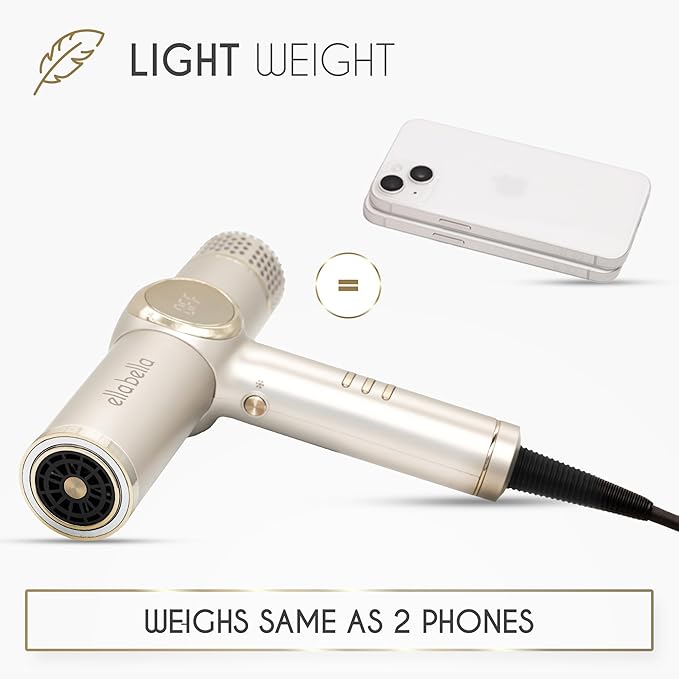 ELLA BELLA® Professional Ionic Hair Dryer with Diffuser • Negative Ion Blow Dryer • Suitable All Hair Types • Intelligent Heat Control & Rapid Drying Speeds • Lightweight Design • Low Noise Technology