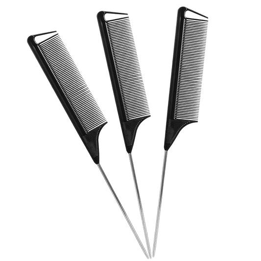 Rat Tail Combs Set: 3-Pack Teasing Styling Combs with Long Steel Pins for Women, Parting Combs for All Hair Types (Black)