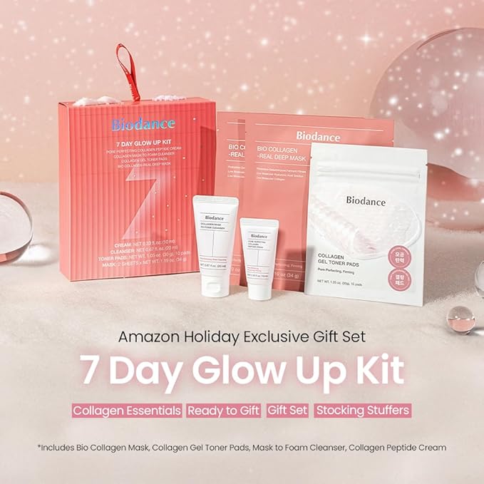BIODANCE 7 Day Glow Up Kit: Collagen Gift Set for Glass-Skin, Korean Skin Care with Mask to Foam Cleanser, Toner Pads, Moisturizer, Gel Masks, Valentines Day Gifts for Her, Skin Care Set