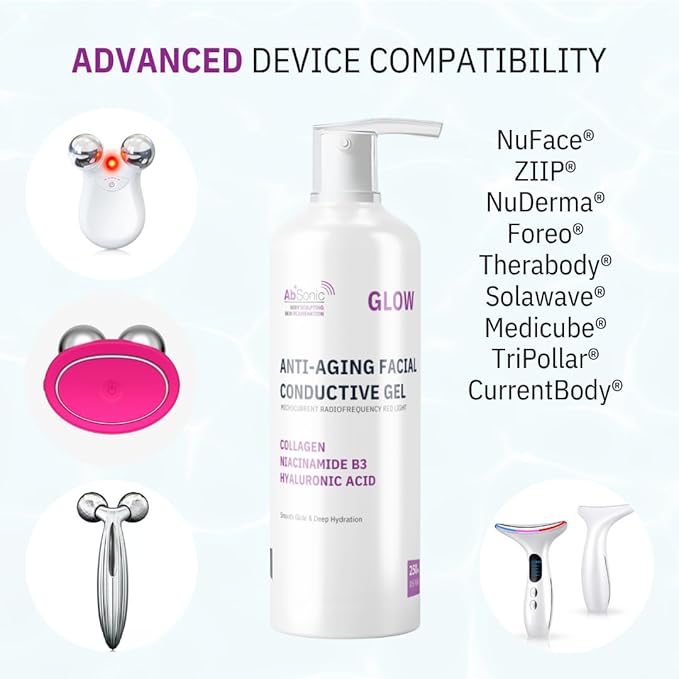 Absonic Glow Microcurrent Conductive Gel - Anti-Aging Serum Enriched with Hyaluronic Acid, Collagen, Niacinamide B3 for Facial, LED, RF & Nuface Devices - 8.5oz Bottle - Made in USA