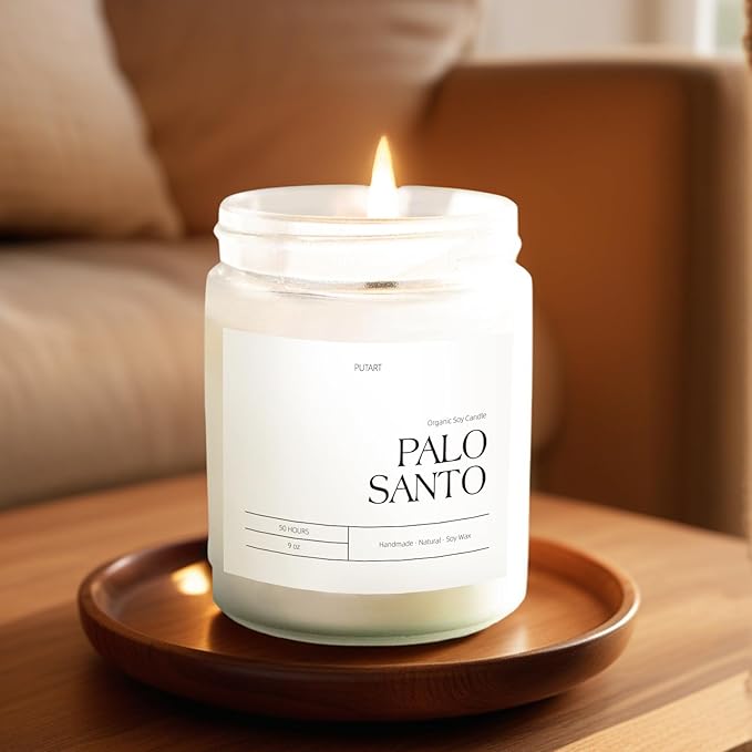 Palo Santo Highly Scented Candle for Home, 9oz Natural Soy Aromatherapy Non Toxic Candles with Essential Oil, Home Fragrance Stress Relief & Meditation Jar Candles Gifts for Women & Men, White