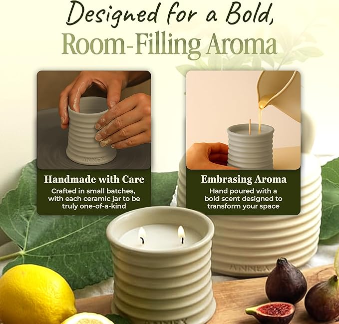 Scented Luxury Citronella Candles outdoor, Mosquito Bug Repellent | Handmade Ceramic Jars, Soy Wax | Cloudy Pillow - Fig Leaf & Lemon, Large Natural Candle | Non Toxic, 2 Wicks, Reusable Big Beige Jar