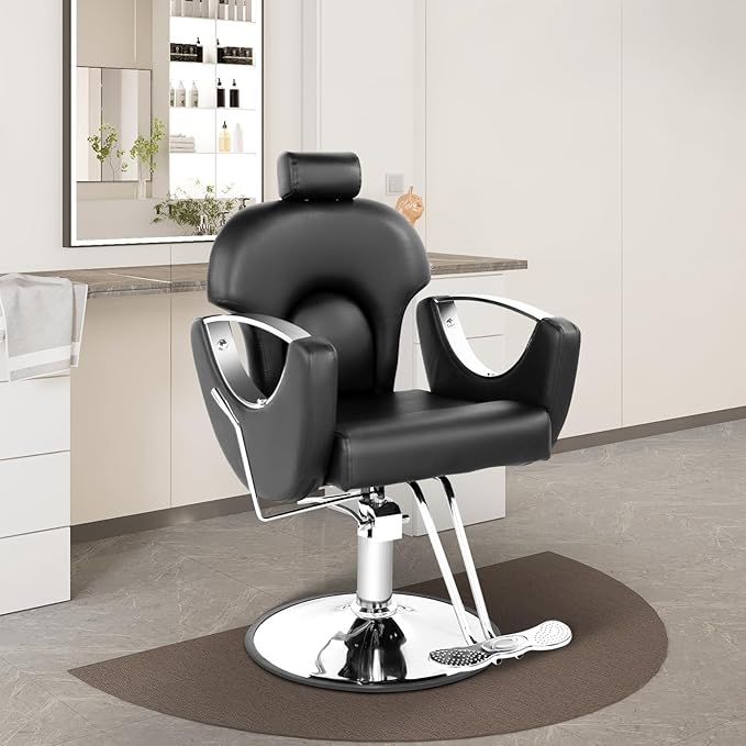 Reclining Salon Chair for Hair Stylist, Heavy Duty Hair Barber Chair with Adjustable Headrest, 360 Degree Swivel Beauty Spa Equipment Max Load 440Lbs, Black Silver