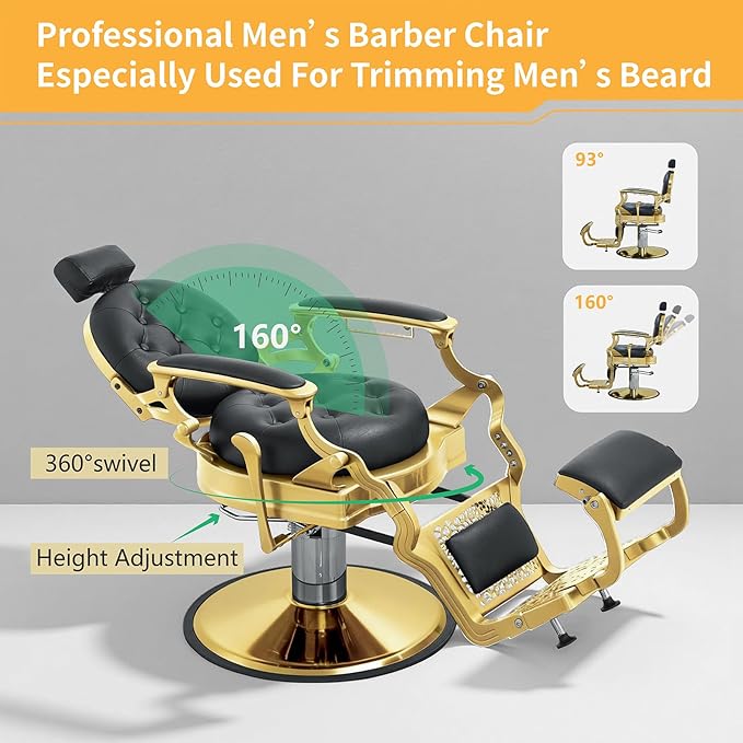 Heavy Duty Barber Chair 700LBS Capacity, Reclining 93°-160° Hydraulic Swivel Salon Chair with Adjustable Headrest & Flip Footrest, Ergonomic Faux Leather for Salon,Tattoo,Spa（Noble Gold）