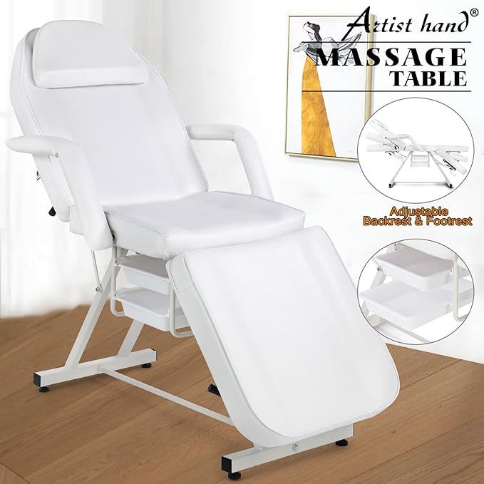 Artist hand Tattoo Chair for Client with Trays Facial Lash Bed for Eyelash Extensions Massage Bed Massage Table Salon Chair (White)