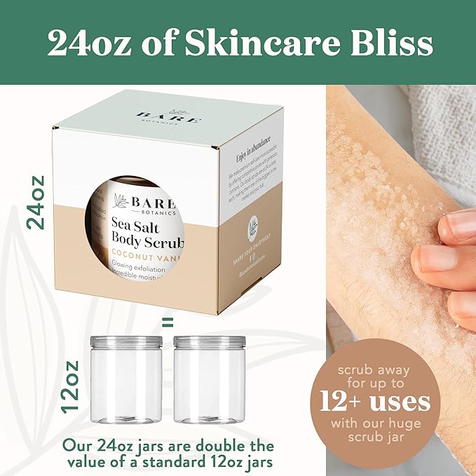 Bare Botanics Vanilla Hazelnut Coffee Body Scrub 24 oz - Naturally Scented Sea Salt Scrub Made in Madison, WI - Formulated w/Skin Loving Moisturizers - Vegan, Cruelty Free w/a Cute Wooden Spoon