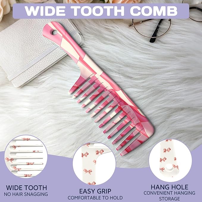2PCS Wide Tooth Comb,Effortless Tangle Removal for Long Hair Styling Comb for Curly,Wet,Cute Aesthetic Design for Women Men and Girls(Pink-Grid-16)
