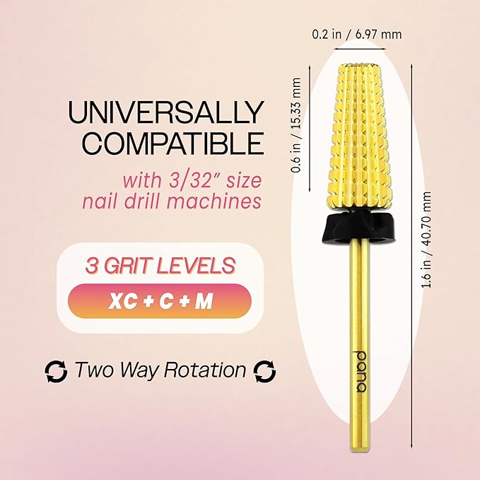 PANA 3/32" Shank 5-in-1 Nail Carbide Bit - (Triple Coarse - Extra Coarse Grit, Gold) - Two Way Rotate use for Both Left and Right Handed Fast remove Acrylic or Hard Gel Machine