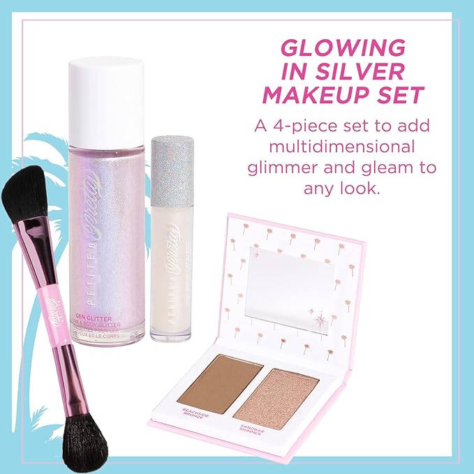 Petite 'n Pretty Makeup Set for Kids (Silver) - Face & Body Makeup for Kids, Tweens, Teens - Highlighter, Body Shimmer Glitter, Lip Gloss, Makeup Brush, Made in the USA