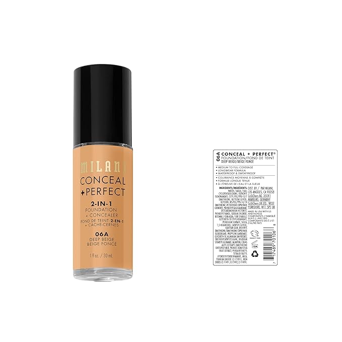 Milani Conceal + Perfect 2-in-1 Foundation + Concealer for a Flawless Complexion, Under Eye Corrector, Cover Redness and Imperfections, Waterproof and Sweatproof - Deep Beige