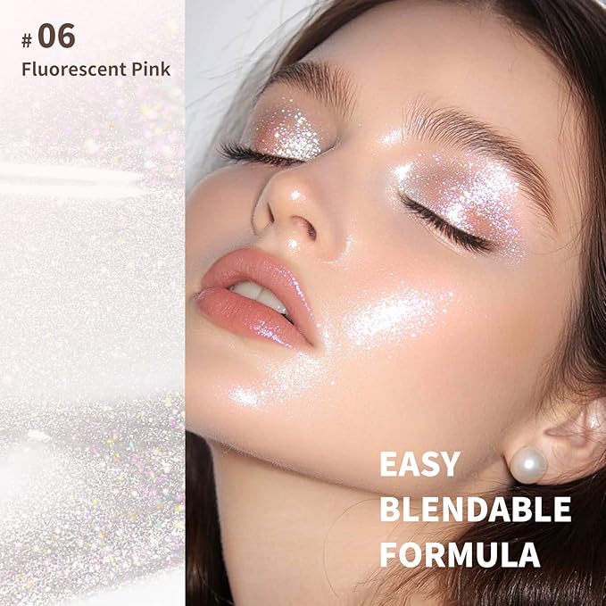 Color Nymph Makeup Highlighter Glitter Stick, Liquid Gel Highlighter For Face Eye Body Chameleon Shimmer Glow Makeup Highlighters With Sponge Tip - 06# Fluorescent Pink