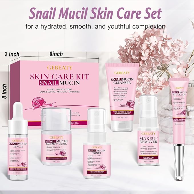Skin Care Set,6 Pcs Korean Snail Mucin Essence Anti-aging Moisturize Repair Soothe Hydrate,Glass Skincare Kit for Dull & Dry Skin,Skincare Gift Set Teens Stocking Stuffers Christmas Gifts for Women