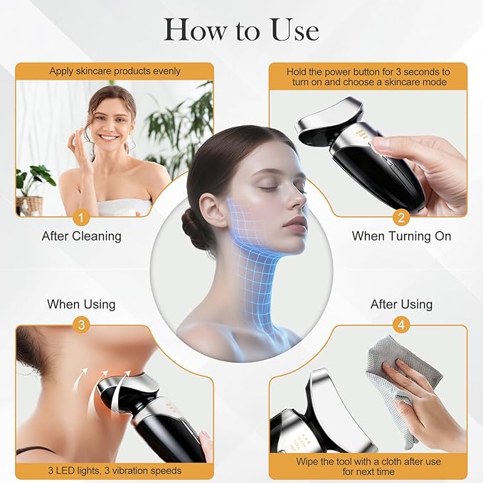 Red Light Beauty Device for Face and Neck, Based on High-end Red and Blue LED Light, Facial Cold and Hot, Vibration Technology, 3 Color Led Face and Neck Beauty Device for Home Use, Jet-Black