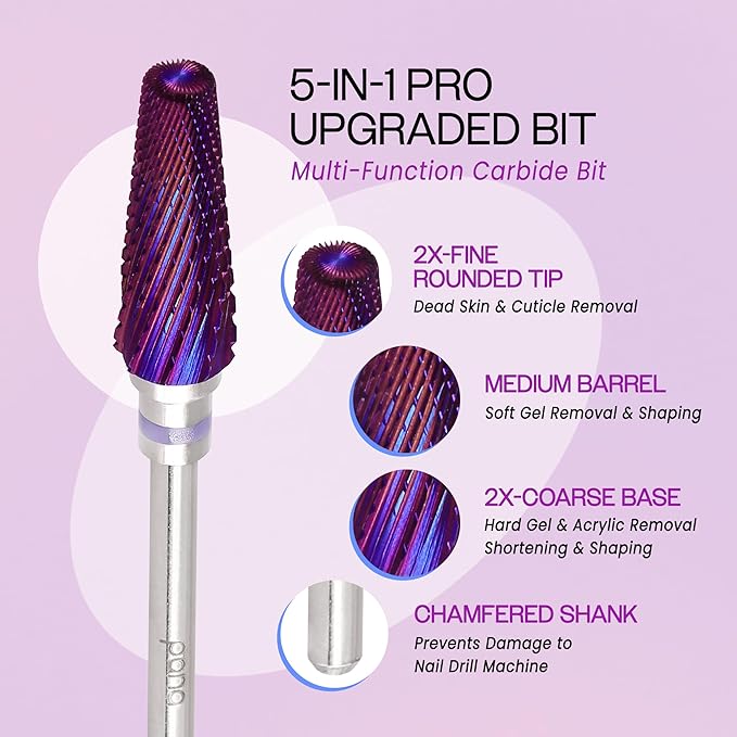 PANA 5-in-1 Pro Upgraded Multi-Function Drill Bit 3/32" Shank Size - (Purple, 2X Coarse to 2X Fine) - Mix Size Tungsten Drill Bit Fast Remove Acrylic Hard Gel Nail for Manicure Pedicure