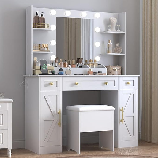 Vanity Desk with Mirror & Lights, Makeup Vanity Table with Charging Station, 3 Lighting Modes, Large Storage Space with Drawers and Shelves, Elegant White Vanity Set for Bedroom Dressing Room