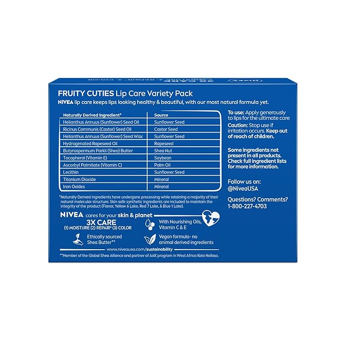 NIVEA Lip Care, Fruity Tinted Lip Balm Variety Pack, Holiday Lip Balm Gifts for Her, With Cherry, Strawberry, Blackberry and Watermelon Flavors, 0.17 Oz Stick, Pack of 4