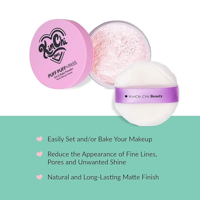 KimChiChic Beauty Puff Puff Pass Set and Bake Setting Powder for Makeup, Extra Fluffy Loose Face Powder Poof, Soft Natural Face Makeup for Uneven Skin Tone, 09 Pink