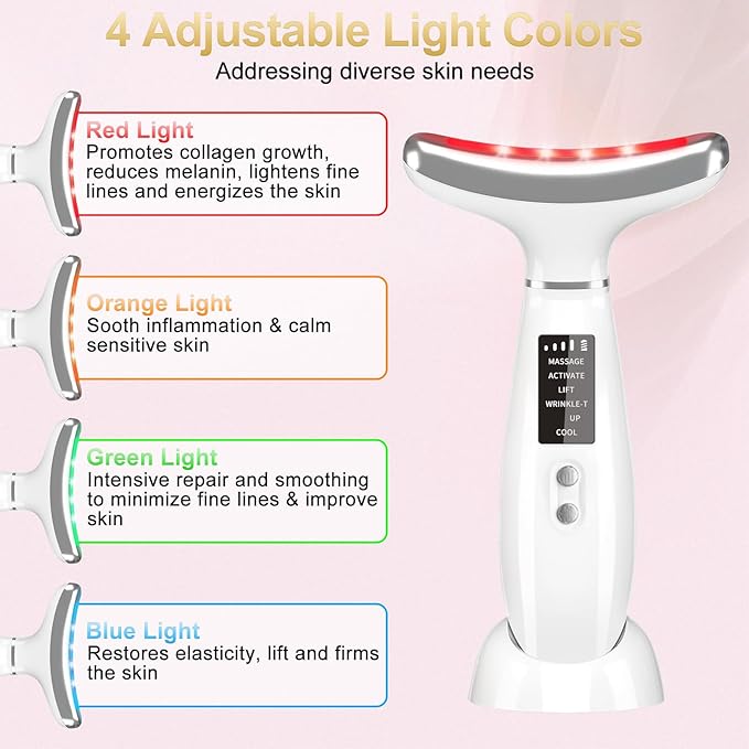 Neck Face Massager, 4 Color LED Facial Massager with Micro-Current Vibration Facial Cold and Hot Service for Wrinkles, Double Chin, Multifunctional Facial Light Therapy Device for Skin Care at Home