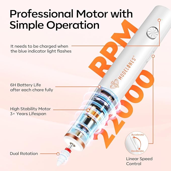 Modelones Electric Nail Drill, 14 Pcs Cordless Nail File with LED Light for Acrylic Gel Dip Powder Nails, Professional Nail Efile Kit with Nail Drill Bits & Sanding Bands for Quick Manicure Pedicure