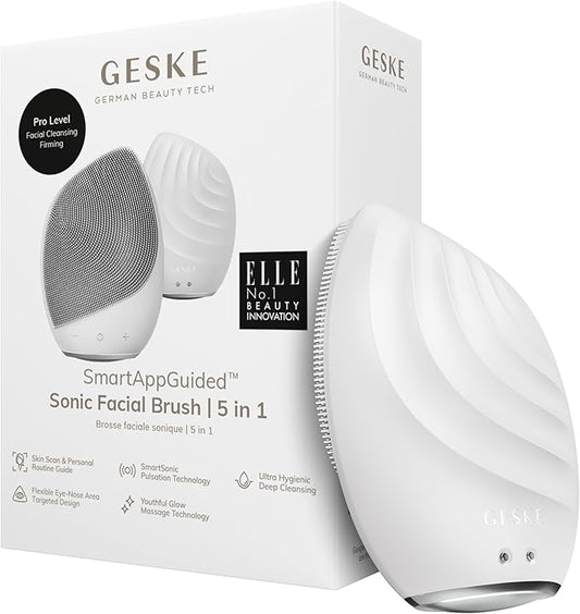 GESKE SmartAppGuided™ Sonic Facial Brush 5 in 1 | Vibrating Electric Facial Cleansing Brush | Soft Silicone Brush | Professional Facial Cleanser | Skin Cleanser & Exfoliator | Face Massager