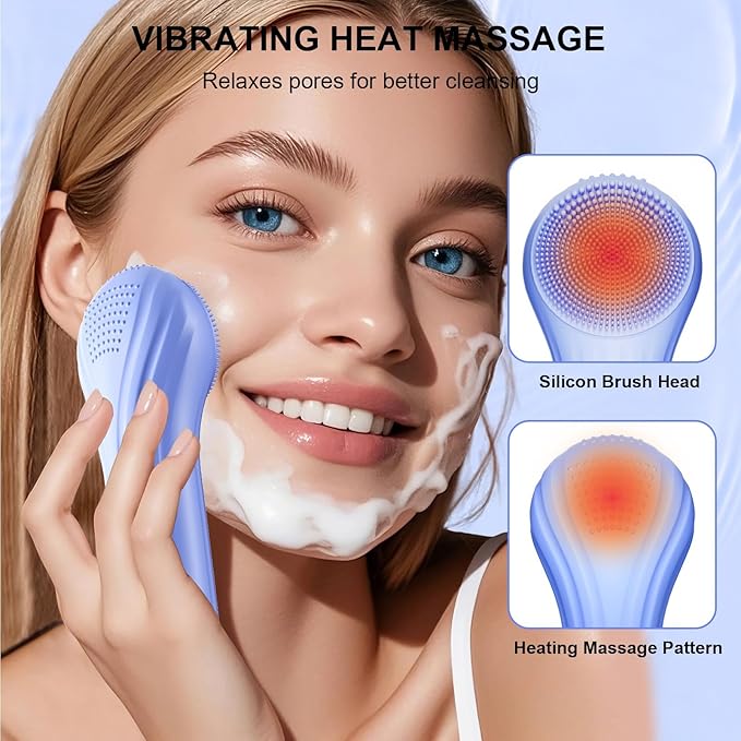 Silicone Face Scrubber, Waterproof Electric Facial Cleansing Brush for Men & Women, Rechargeable Face Scrubber with 5 Modes for Deep Cleansing, Exfoliating, Massage (Blue)