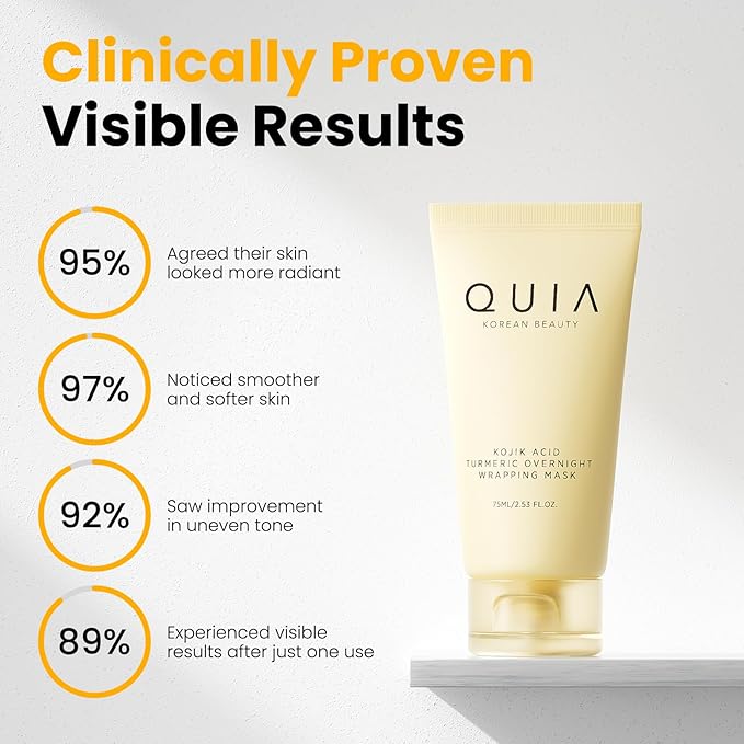 QUIA Korean Skincare Duo - Toner Pads + Turmeric Kojic Acid Wrapping Mask - Dual-Step System for Radiant, Refined Texture & Hydrated Skin - Gentle Exfoliation + Overnight Treatment - 75ML