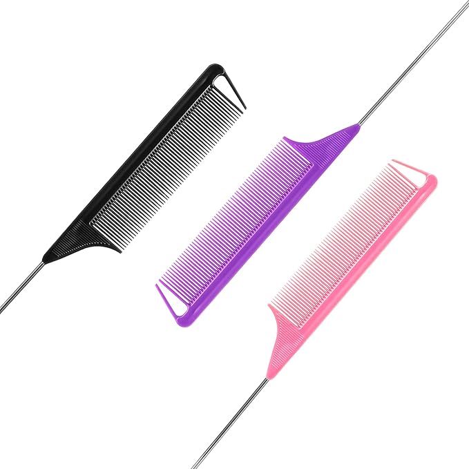 Rat Tail Combs Set: 3Pcs Long Steel Pin Teasing Combs for Salon Hair Stylists, Metal Parting Combs for Women (Purple, Black, Pink)