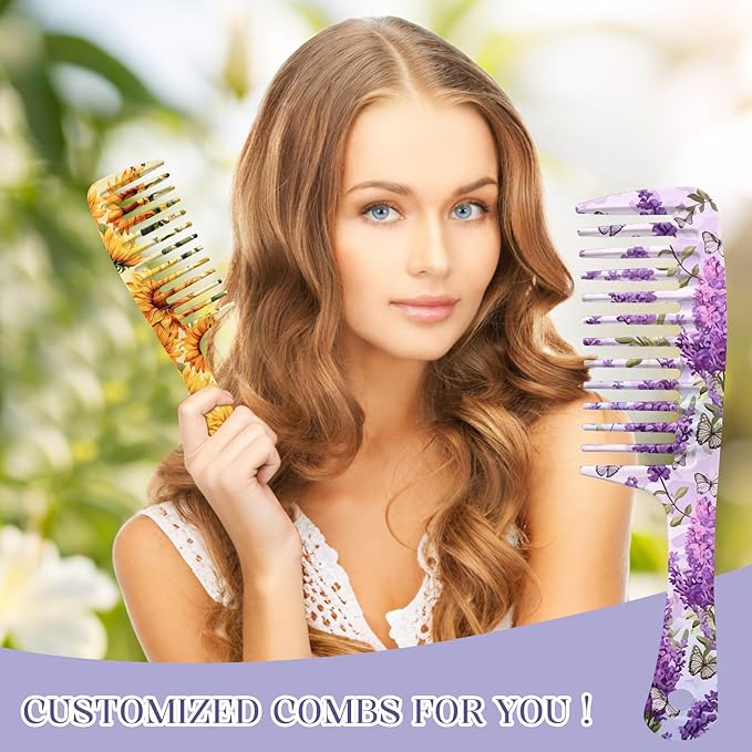 2PCS Wide Tooth Comb,Effortless Tangle Removal for Long Hair Styling Comb for Curly,Wet,Cute Aesthetic Design for Women Men and Girls(Yellow-Flower-12)