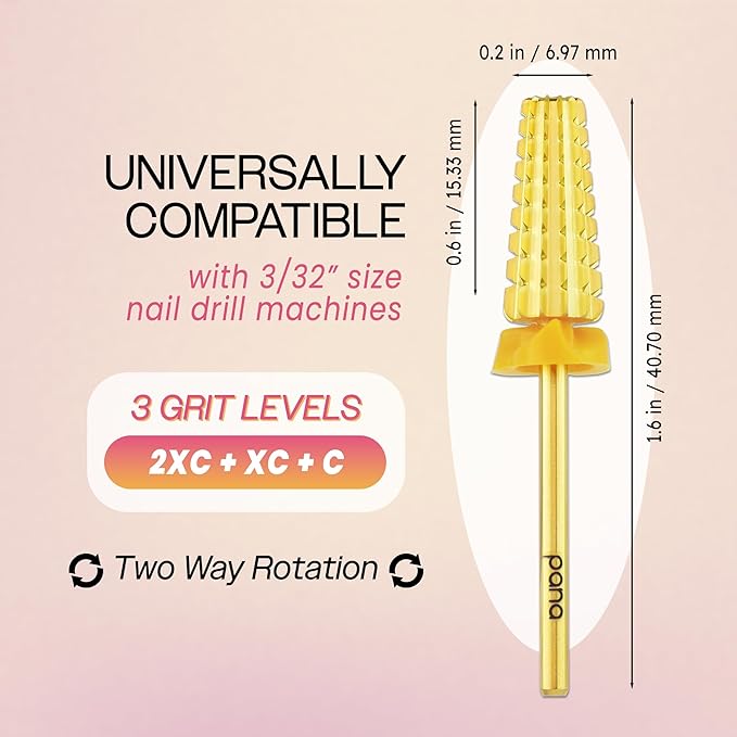 PANA 3/32" Shank 5-in-1 Nail Carbide Bit - (Triple Coarse - 2X Coarse Grit, Gold) - Two Way Rotate use for Both Left and Right Handed Fast remove Acrylic or Hard Gel Machine
