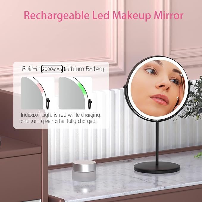 8” Lighted Makeup Mirror, 1X 10X Magnifying Mirror with Light, Double Sided Vanity Mirror with Lights, 3 Color LED Dimmable 2000mAh Rechargeable Black